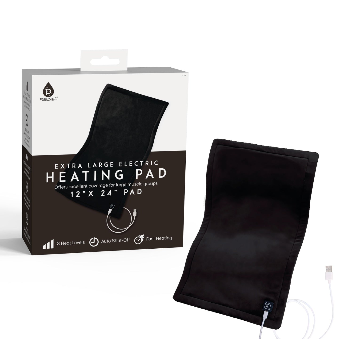 Pursonic Large Electric Heating Pad with USB-C – 12"x24", Ultra Soft Fabric, 3 Heat Settings, Auto Shut-Off-2