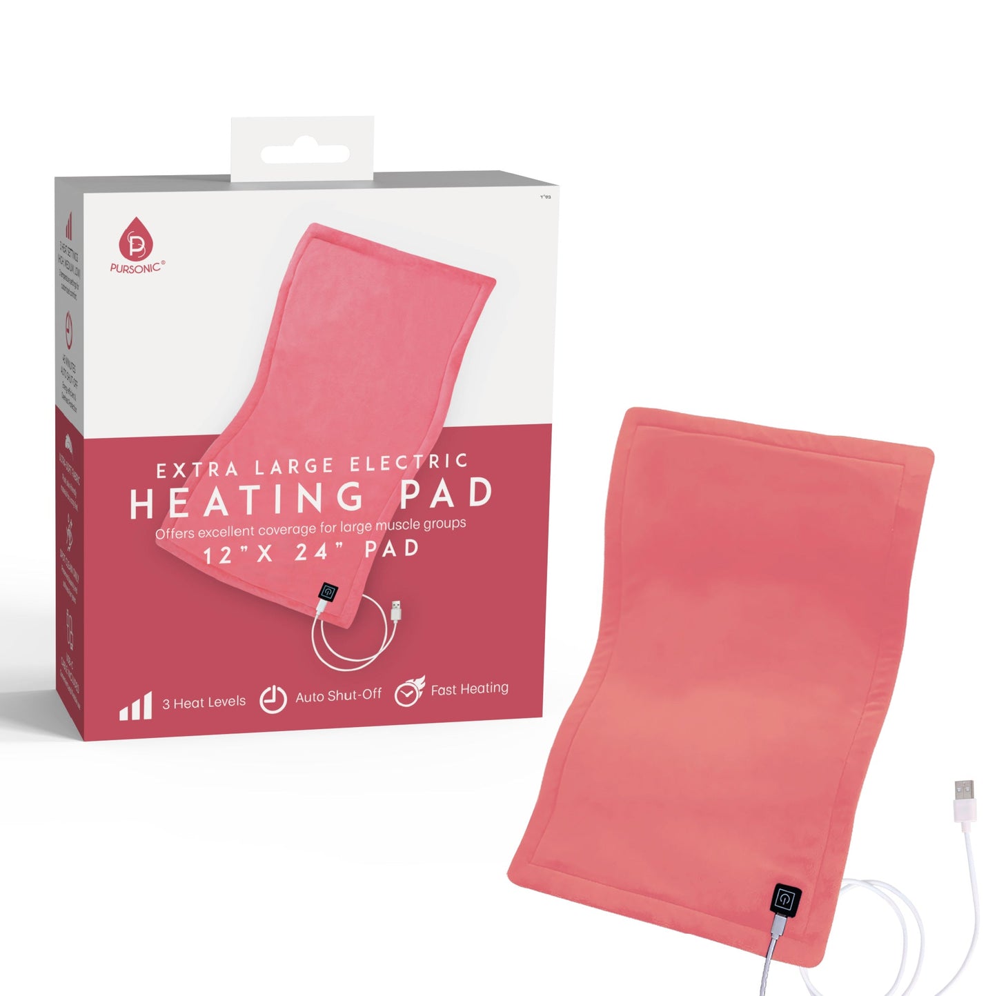 Pursonic Large Electric Heating Pad with USB-C – 12"x24", Ultra Soft Fabric, 3 Heat Settings, Auto Shut-Off-1