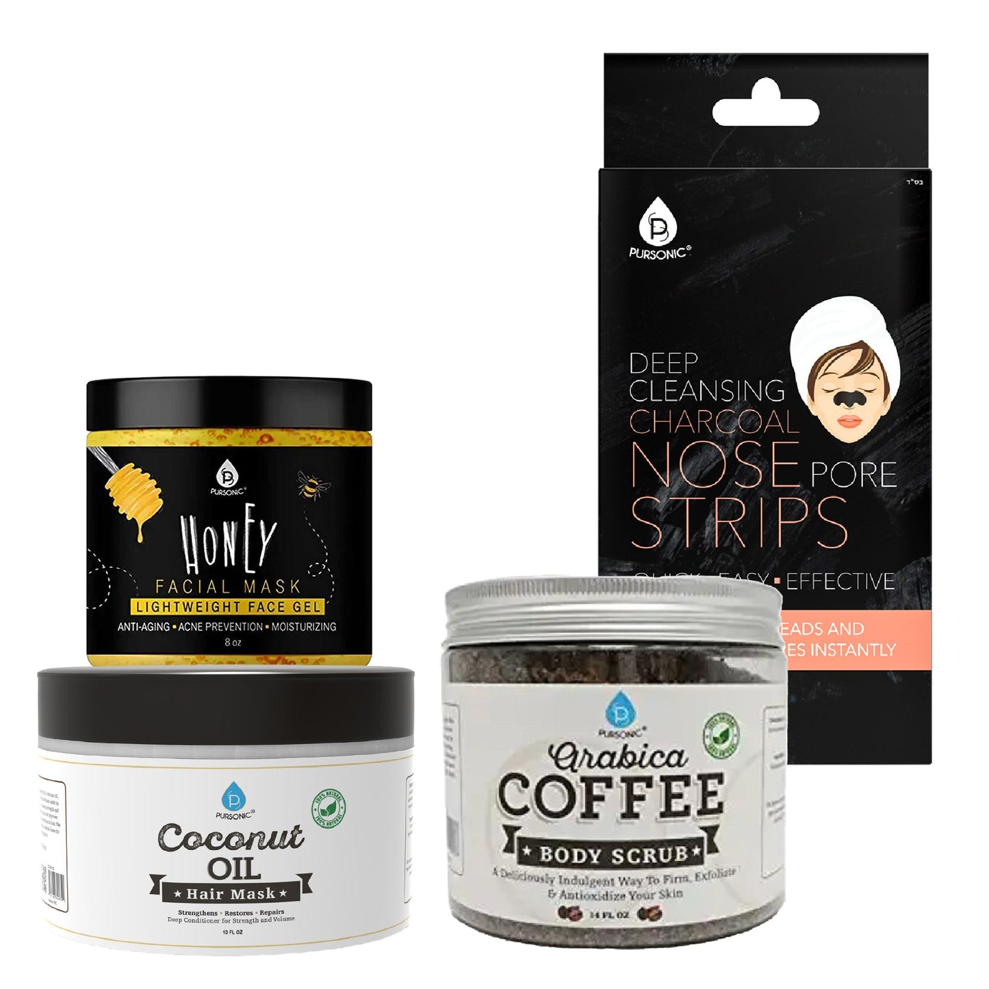 Pursonic Pamper & Glow Gift Bundle (6 pack Deep Cleansing Charcoal Nose Pore Strip, 100% Natural Arabica Coffee Body Scrub 14 Oz, 100% Natural Coconut Oil Hair Mask 10 Oz and Honey Facial Mask 8 Oz)-0