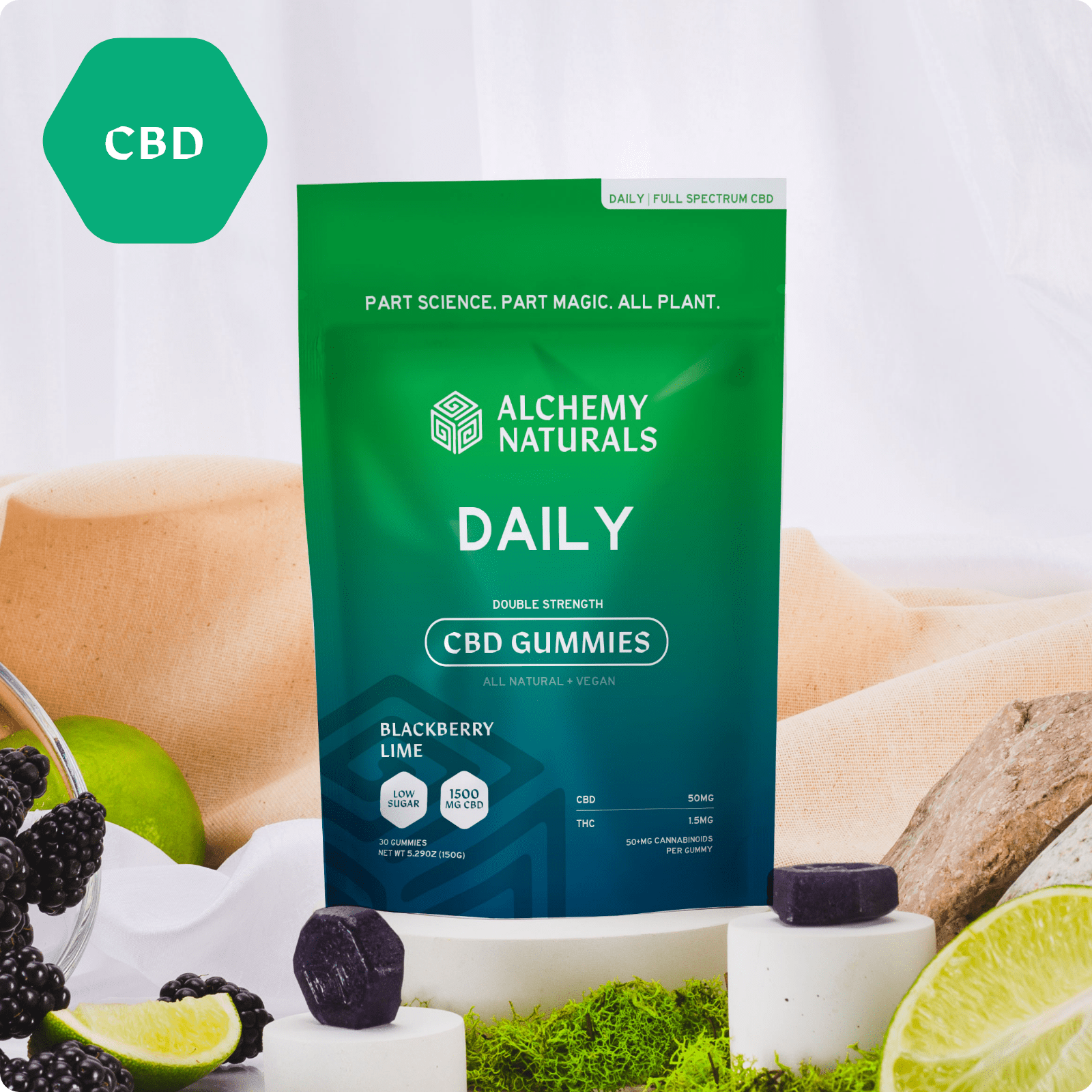 20-Pack: Alchemy Naturals CBD Gummies for Daily Support - Full-Spectrum - Sample 100mg/2count-0