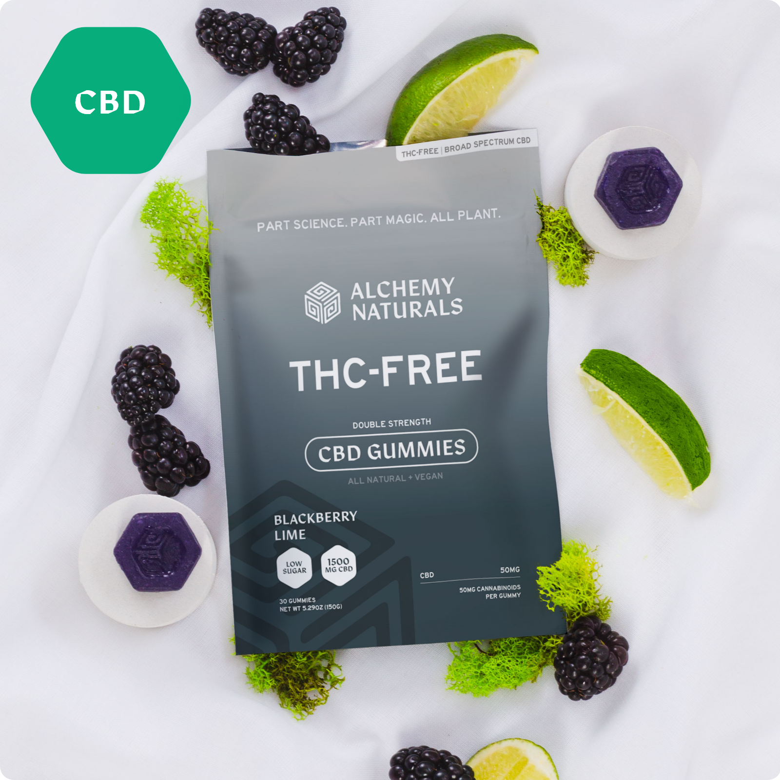 20-Pack: Alchemy Naturals Broad Spectrum CBD Gummies - THC Free - Sample 100mg/2count-0